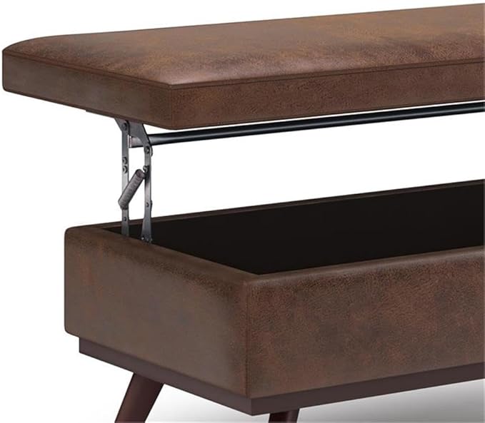 SIMPLIHOME Owen Lift Top Coffee Table Storage Ottoman - 42 inch Wide Upholstered Vegan Leather Rectangular Lift-Top Ottoman in Distressed Chestnut Brown, Mid-Century Modern Ottoman for Living Room