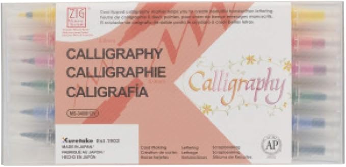 Kuretake Zig Calligraphy Dual Tip Markers 12 Colors Set, 2mm, 5mm, Square Tips, AP-Certified, No Mess, Photo-Safe, Acid Free, Xylene Freeing,Made in Japan