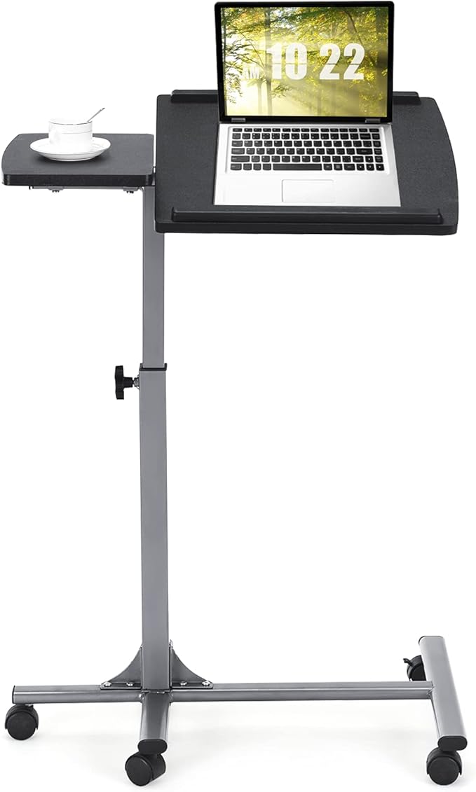 COSTWAY Rolling Laptop Stand, Mobile Laptop Tray and Cart with 45 ° Degree Swivel Tilting Tabletop, Height Adjustable Mobile Podium from 24.5'' to 36'', Overbed Computer Table for Sofa, Bed