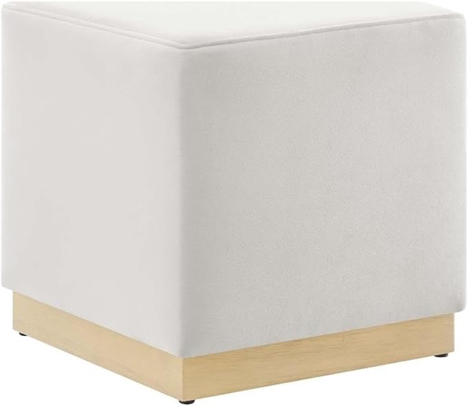 Modway Tilden 17 Inch Square Performance Velvet Upholstered Ottoman in Alabaster Natural - Small Ottoman Foot Rest with Rubberwood Plinth Base - Living Room Ottoman Side Table,