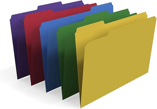 Staples File Folders, Legal Size, 1/3‑Cut Tabs, Assorted Colors, Heavy‑Duty Paper Stock, 100/Box