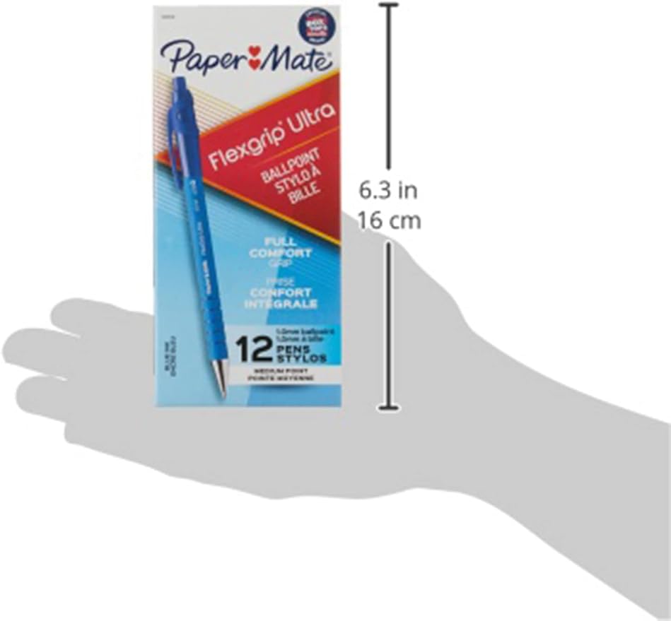 Paper Mate FlexGrip Ultra Retractable Ballpoint Pens, Recycled, Medium Point (1.0mm), Blue Ink, 12 Count - Rubberized Full Comfort Grip, Office, Teacher Supplies