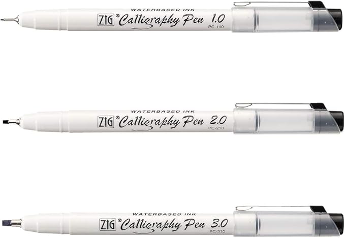 Kuretake ZIG CALLIGRAPHY PEN SQUARE Tip BLACK 3 Set, 1mm, 2mm, 3mm, For Italic and Gothic Calligraphy Beginners, AP-Certified, Odourless, Xylene Free, Professional quality, Made in Japan