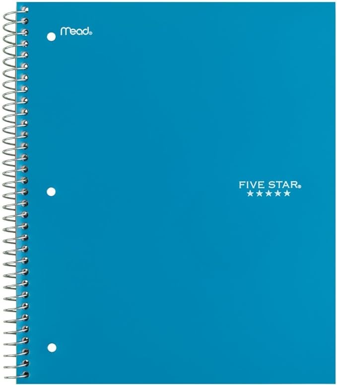 Five Star Spiral Notebook + Study App,1 Subject,Wide Ruled Paper,8" x 10-1/2",100 Sheets,Fights Ink Bleed,Water Resistant Cover,Tidewater Blue (72875),(Pack of 6)