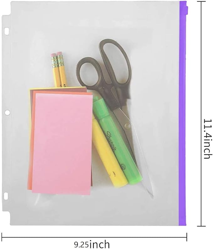 YoeeJob 3 Holes Clear Zipper Binder Pocket Insert Pages Letter Size, 8 1/2 x 11 Loose Leaf Binder Filing Storage Bags 15 Per Pack，Multi-Color