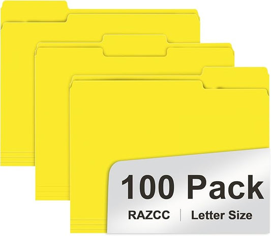 File Folders, 100-Pack, 1/3 Cut, Letter Size, Yellow, Great for Organizing and Easy File Storage