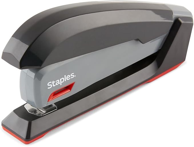 Staples One‑Touch Desktop Stapler, Full‑Strip Capacity, Gray/Black/Red – Smooth‑Press Stapler