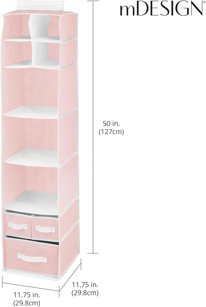 mDesign Fabric Hanging Organizer - Over Closet Rod Storage - 7 Shelves/3 Removable Drawers for Baby Nursery or Bedroom Organization, Holds Clothes, Toys, Accessories, Jane Collection, Pink/White