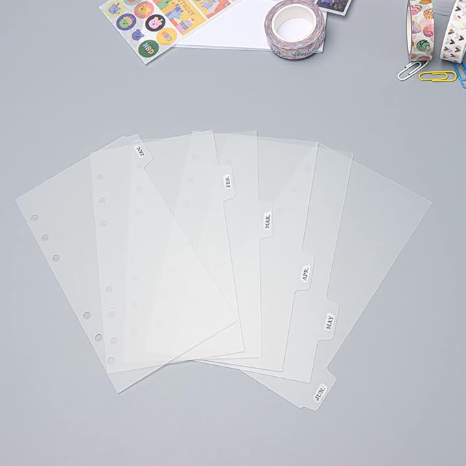 2 Pack A6 Binder Dividers 6 Tabs Clear Plastic Binder Index Tabs Planner Divider for Round Ring Binder Sheet Protector (Total 12 Dividers)