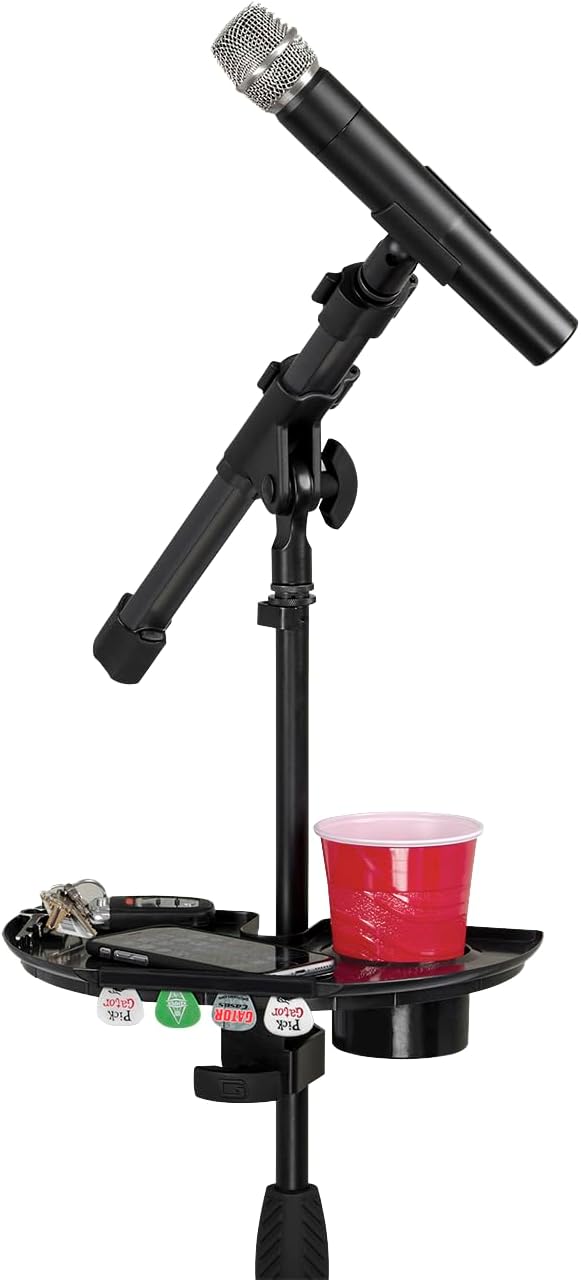 Gator Frameworks Microphone Stand Accessory Tray with Drink Holder and Guitar Pick Tab, 12" x 7" (GFW-MIC-ACCTRAY)