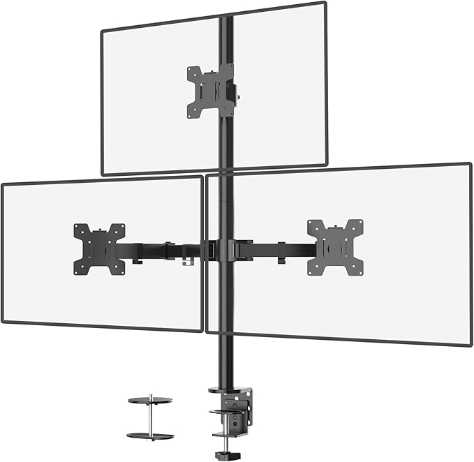 WALI Triple Monitor Mount for 13-27 inch Computer Screens, 3 Monitor Desk Mount, Holds up to 22 lbs, Adjustable Triple Monitors Stand with Swivel Tilt Rotation, 75x75/100x100mm (M003), Black