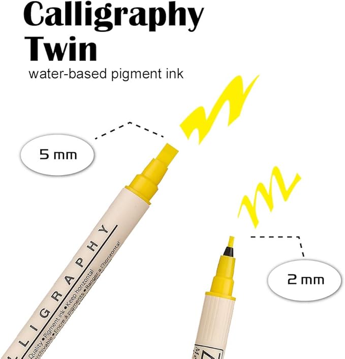 Kuretake Zig Calligraphy Dual Tip Markers 12 Colors Set, 2mm, 5mm, Square Tips, AP-Certified, No Mess, Photo-Safe, Acid Free, Xylene Freeing,Made in Japan