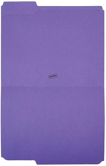 Staples Reinforced File Folders, Letter Size, 3‑Tab Design, Purple, Heavy‑Duty Construction, 100/Box