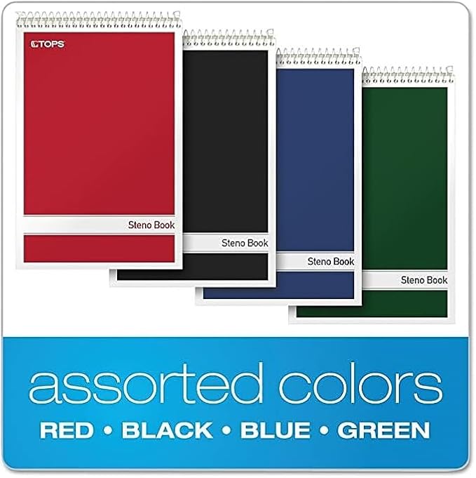 TOPS Steno Books, 6" x 9", Gregg Rule, Green Tint Paper, Assorted Color Covers, 80 Sheets, 4 Pack (80221)