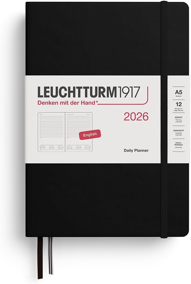 LEUCHTTURM1917 - Daily Planner 2026, Hardcover, Medium (A5), Ruled, Black (Jan 1 - Dec 31, 2026)