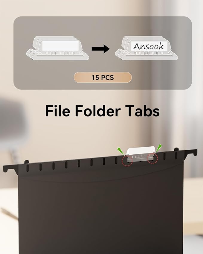 Ansook Plastic Legal Size Hanging File Folders,Reinforced 1" Expansion File Folder,12 Pack Accordion Folders,Heavy Duty File Cabinet Folder with 1/5 Insertable Tabs,Black Hanging Folders for Office