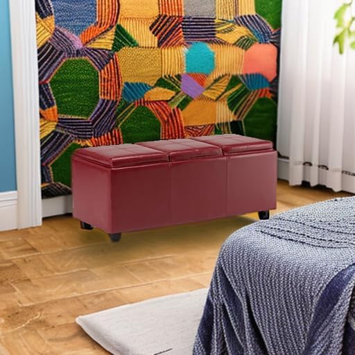 SIMPLIHOME Avalon Storage Ottoman - 42 inch Wide Upholstered Vegan Leather Rectangular Flip-Top Ottoman in Red, Contemporary Coffee Table Ottoman for Living Room with Hidden Storage