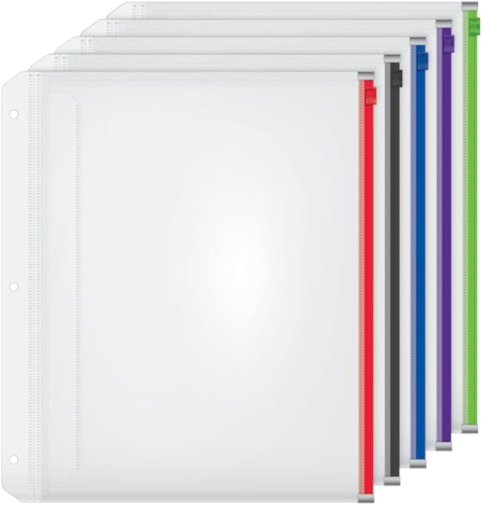 Cardinal Plastic Zippered Binder Pockets, 3-Hole Punched, Fits Full Letter Size 8-1/2" x 11" Sheets, Clear with Multicolor Zippers, 5 Count (14650) (Pack of 8)