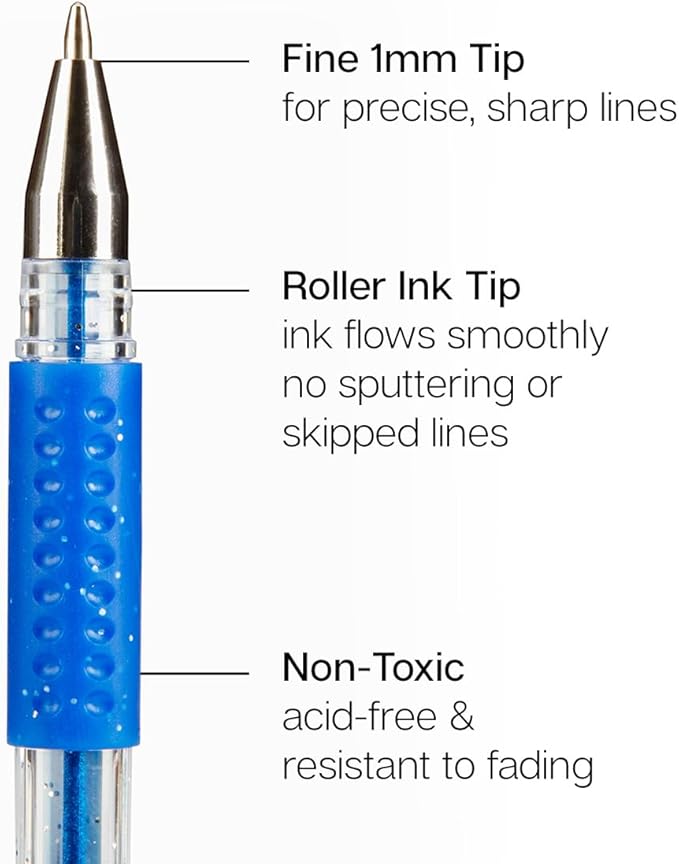 KINGART Glitter Rollerball Gel Pens, 50 Sparkling Colors with Soft-Grip Comfort, XL Ink Cartridge - More Ink, Great for All Ages, Writing, Coloring, Doodling, Scrapbooking, Journaling & More