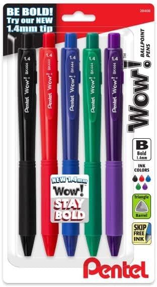 Pentel Wow! Retractable Ballpoint Pen, (1.4mm) Bold Line, Assorted Ink Colors, 5 Pack