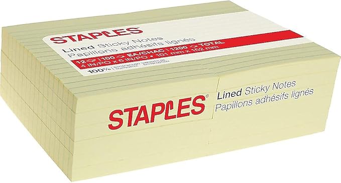 Staples Sticky Notes, 4" x 6", Lined, Yellow, 1200 Sheets – Large Ruled Notes for Planning, Projects & Office Use