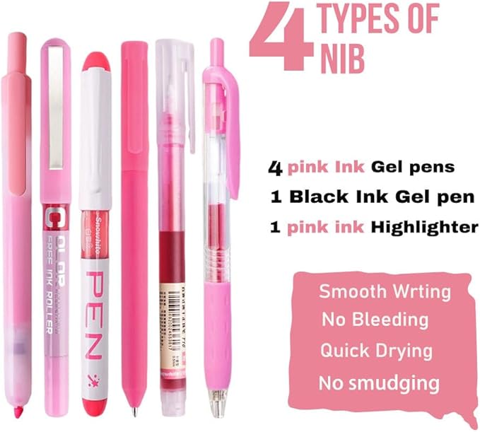Pink and Black Ink Gel Pens with Bible Journaling Highlighter, Fine Point 0.5mm Cute Colorful Gel Ink Pens for Office School, Note Taking, 5 Pink, 1 Black