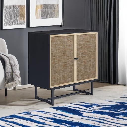 Nathan James Kova Rattan Wood Accent Sideboard Storage Cabinet with Matte Metal Frame, Adjustable Interior Shelves and Cane Doors, for Hallway, Entryway or Living Room, Black Oak/Cane