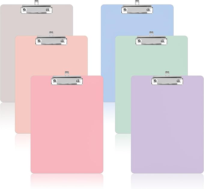 Geyoga 6 Pcs Plastic Clipboards with Low Profile Metal Clip, 12.3 x 8.9 Inch Hangable Low Profile Clipboard Standard A4 Letter Size for Nurse Office Clerk School Students Restaurant(Light Color)
