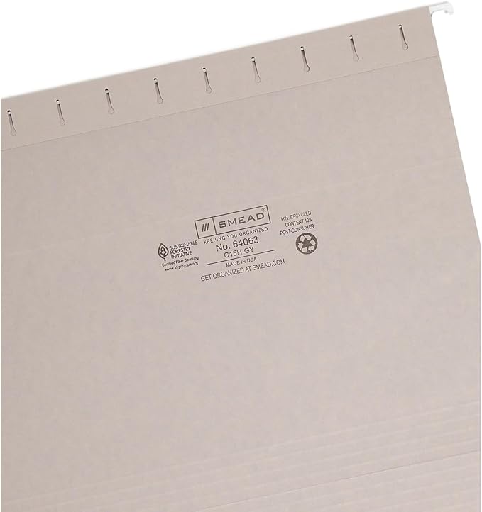 Smead Colored Hanging File Folder with Tab, 1/5-Cut Adjustable Tab, Letter Size, Gray, 25 per Box (64063) (Pack of 1)