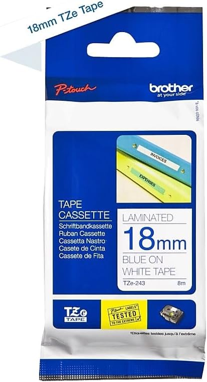 Brother Genuine P-Touch TZE-243 Tape, 3/4" (0.7 mm) Standard Laminated P-Touch Tape, Blue on White, Laminated for Indoor or Outdoor Use, Water-Resistant, 26.2 ft (8 m), Single-Pack