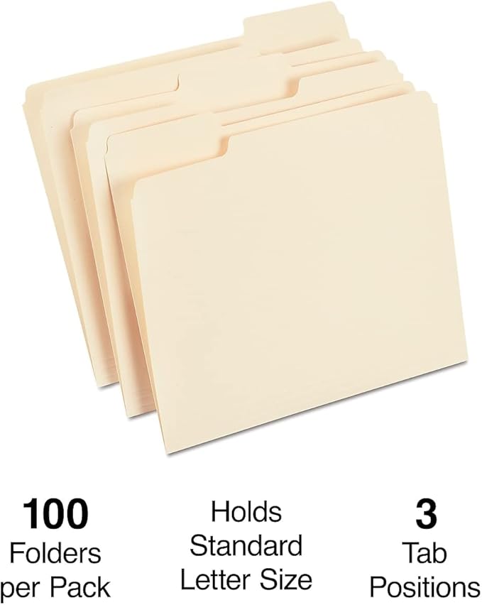 Staples File Folders, Letter Size, 1/3‑Cut Tabs, Assorted Positions, Manila, Durable Paper Stock, 100/Pack