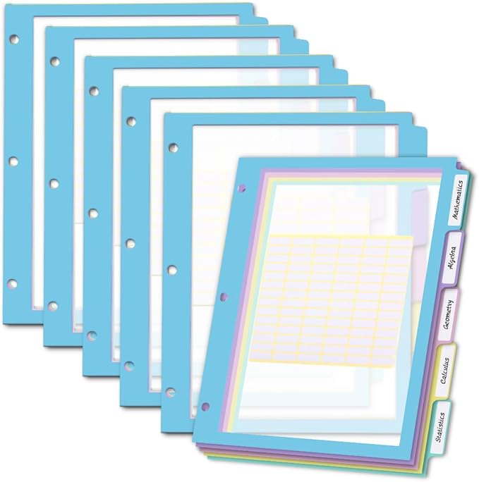 30Pcs/6 Set 5 Tab Clear Plastic Binder Dividers with Tab,for 3 Ring Binder,Customizable Labels, Multicolor, Durable & Tear-Resistant