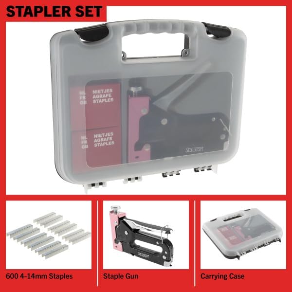Light Duty Staple Gun - Fabric Stapler Gun for Crafts, Cardboard, Bulletin Boards or Classroom with 600 Standard 4-14mm Staples - Pink Stapler with Staples and Plastic Carrying Case by Stalwart