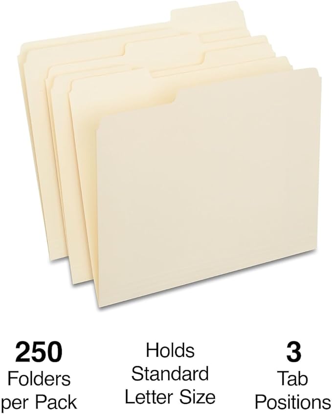Staples File Folders, Letter Size, 1/3‑Cut Tabs, Assorted Positions, Manila, Durable Paper Stock, 250/Pack
