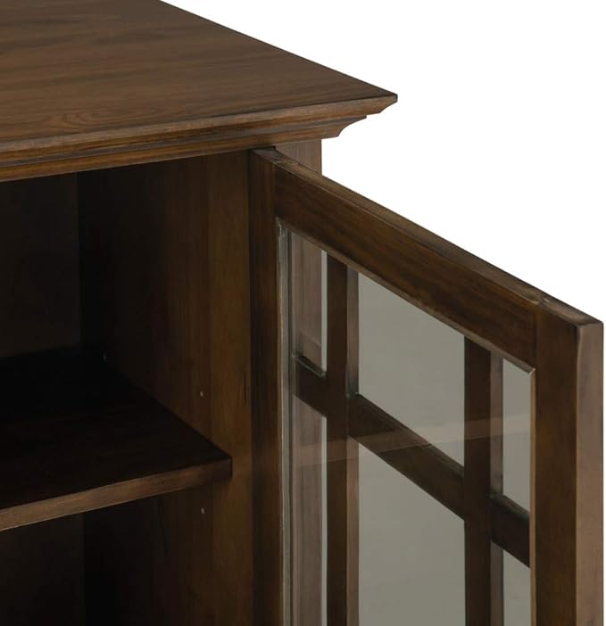 SIMPLIHOME Bedford Storage Cabinet - 39 inch Wide Solid Wood Medium Cabinet in Rustic Natural Aged Brown, Transitional Console for Living Room, Entryway, or Dining Room with Glass Doors and Shelves