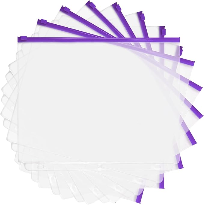YoeeJob 3 Holes Clear PVC Zipper Binder Pocket Insert Pages Letter Size, 8 1/2"x 11 Loose Leaf Binder Filing Storage Bags 8 Packs(Purple)