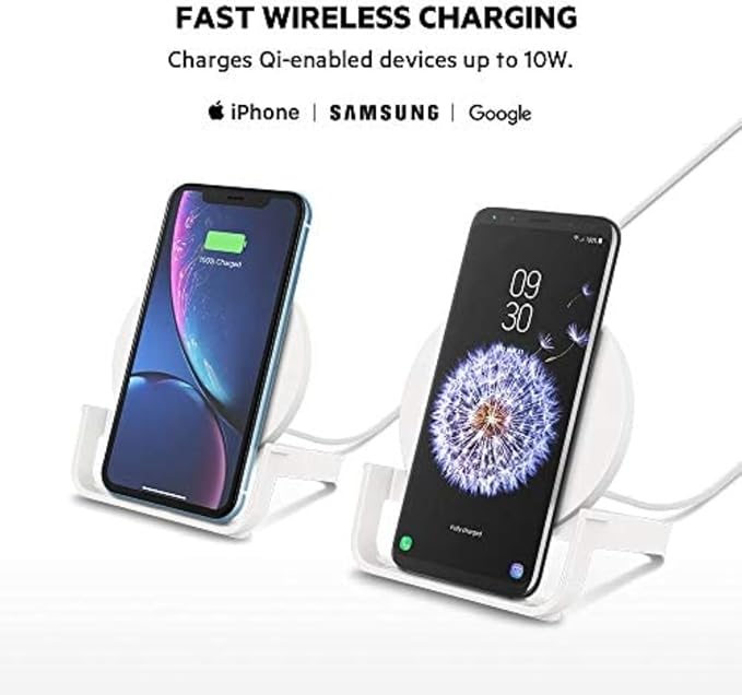 Belkin Quick Charge 10W Wireless Charger - Qi-Certified Charger Stand for iPhone, Samsung Galaxy - Charge While Listening to Music, Streaming Videos, & Video Calling - Includes AC Adapter - White