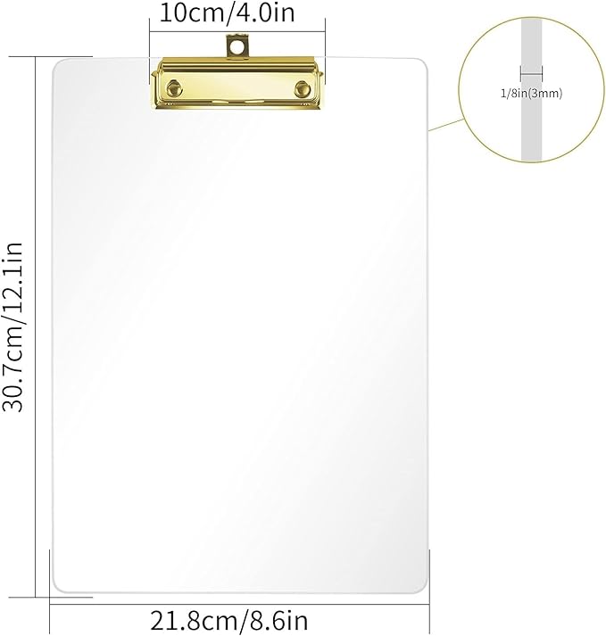Honagu Acrylic Clear Clipboards, 8.5x11 Plastic Clipboard with Gold Strong Clip Hidden Hanging Hole, A4 Letter Size Clipboards for Nurses, Doctors, Art Student, Teachers,School & Office Supplies, 2PC