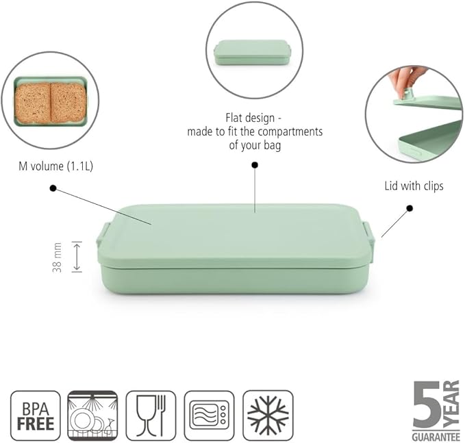 Brabantia Make & Take Flat Lunch Box (Jade Green) Convenient Size for Bags, BPA-Free, Airtight Snap Locks, Microwave & Freezer Safe, Travel Meal Prep Container