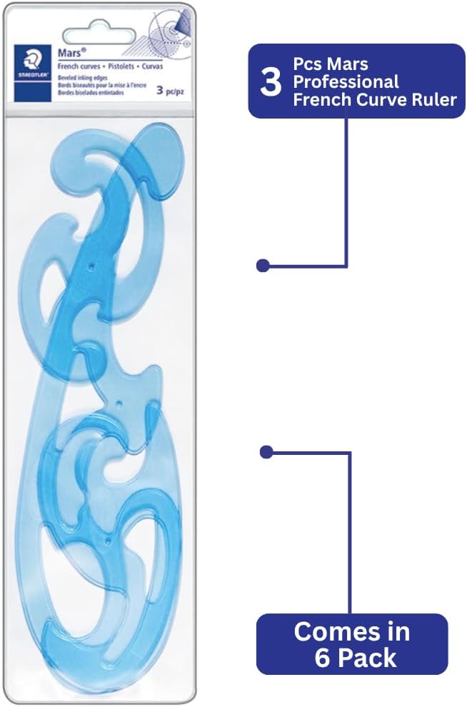 STAEDTLER Mars Professional French Curve Design Ruler Set for Pattern Making 6-Pack (6 Sets of 3 pcs), 3 Essential A B C Shapes, Blue Transparent Plastic with Inking Edge, 18 Count