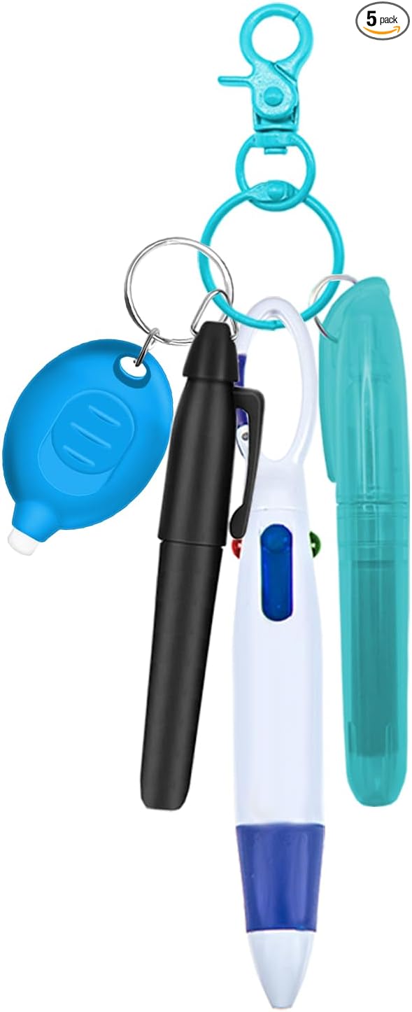Nurse Pen Set, Badge Reel Pen Include Highlighter, Permanent Marker, LED Keychain Flashlight, Ballpoint Pen, and Nursing Keychain Clip (Blue)