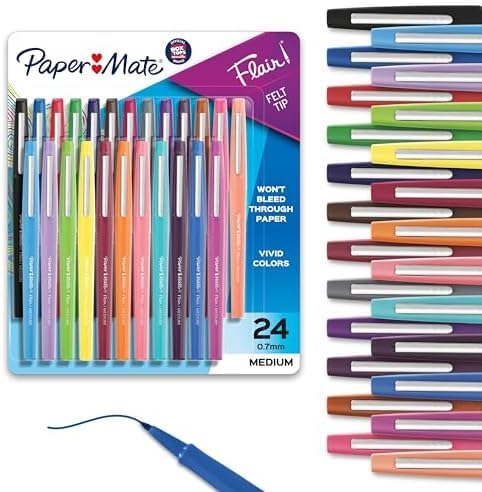 Paper Mate Flair Felt Tip Pens Medium Point | Smear Resistant | Water-Based Ink | Assorted Colors | 24 Count, Pack of 12