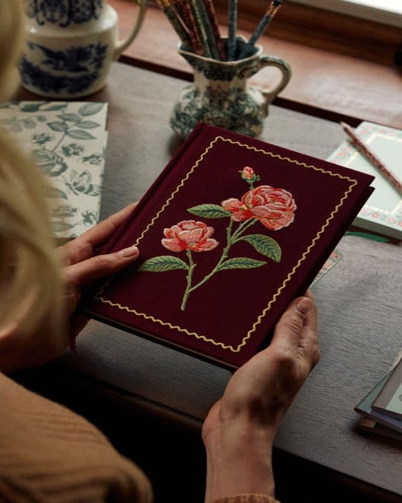 RIFLE PAPER CO. Roses Embroidered Journal | 240 Ruled Pages, Cloth Cover with Floral Embroidery & Grosgrain Ribbon Bookmark, Lay-Flat Binding, 8" L x 5.75" W