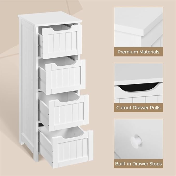 Yaheetech Bathroom Floor Cabinet, Wooden Side Storage Organizer, 4 Drawers Free-Standing Cabinet for Bathroom/Hallway/Living Room, White