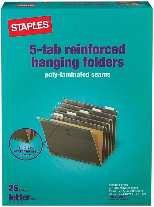 Staples Recycled Reinforced Hanging File Folders, Letter Size, 5‑Tab, Standard Green, Tear‑Resistant – 25/Box