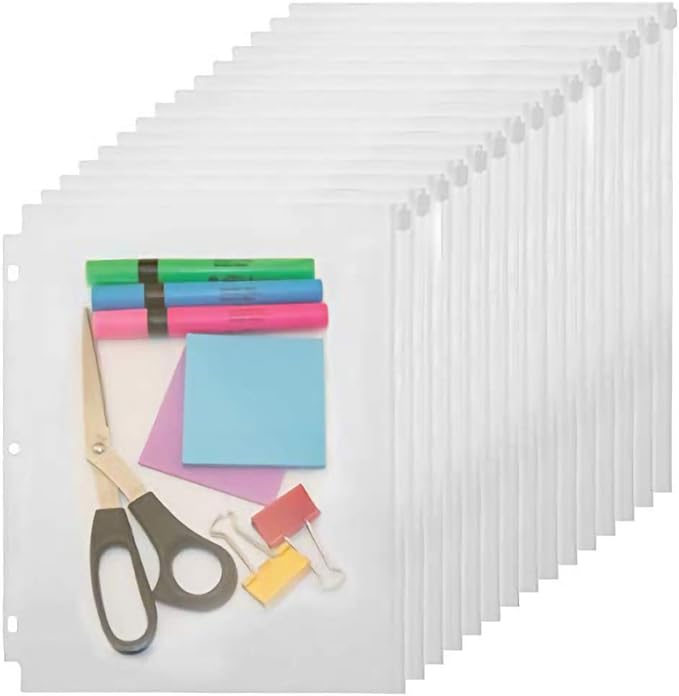 YoeeJob 3 Holes Clear PVC Zipper Binder Pocket Insert Pages Letter Size, 8 1/2" x 11 Loose Leaf Binder Filing Storage Bags 15 Per Pack