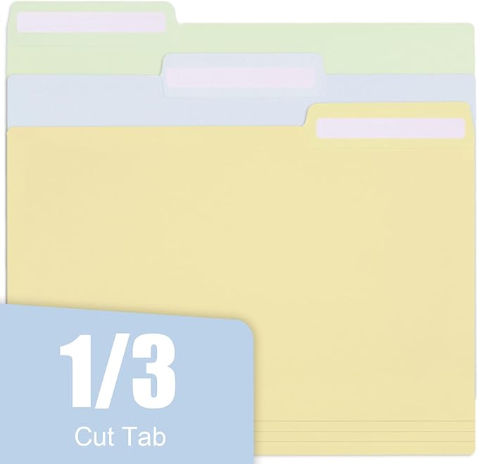 EOOUT 30pcs Plastic File Folders, 9'' x 11.6'' Manilla Folders, 3 Tab Colored File Folder, 6 Colors with 40pcs Erasable Category Labels for School and Office Supplies
