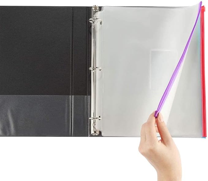 YoeeJob 8 Packs 3-Hole Clear Zipper Binder Pockets, Binder Insert Pages with Card Slots Suitable for School or Office to Organize Document, White