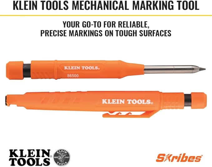 Klein Tools 86501 Skribes 2.8 mm Mechanical Carpenter Pencil with Built-In Sharpener, 4 Refills, and Deep Hole Marking for Woodworking and Construction