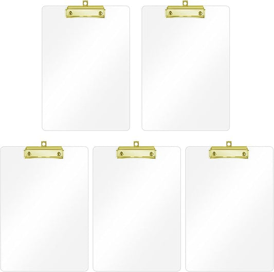 Honagu Acrylic Clear Clipboards, 8.5x11 Plastic Clipboard with Gold Strong Clip Hidden Hanging Hole, A4 Letter Size Clipboards for Nurses, Doctors, Art Student, Teachers,School & Office Supplies, 5PC